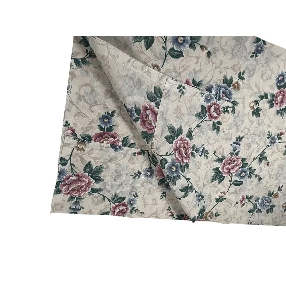 Set of Vintage Curtains Drapes 2 Panels 1 Valance Beige Floral Print Cottage